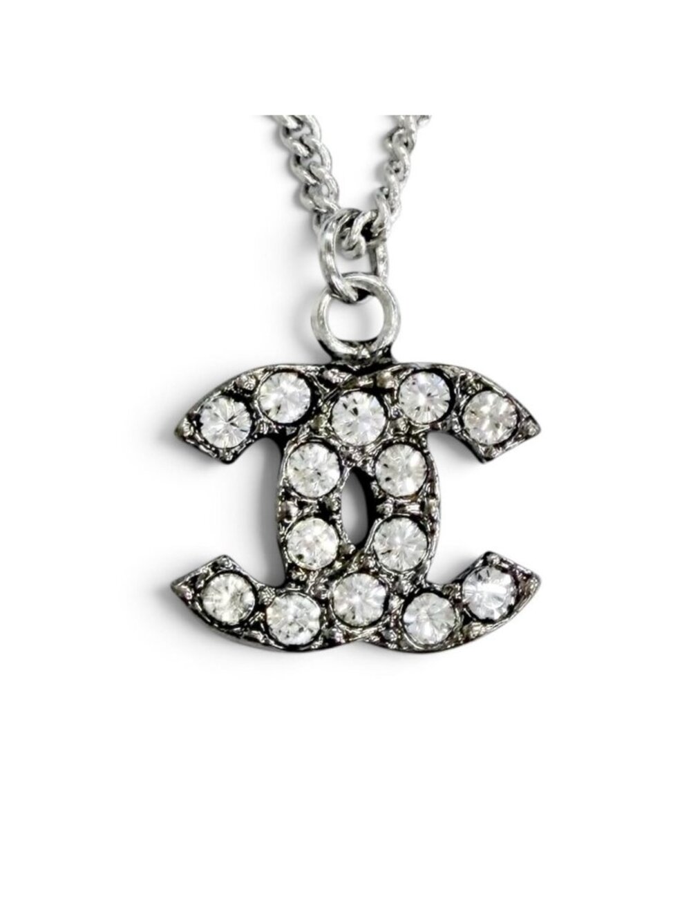 Chanel Vintage 06P CC Logo Rhinestone Necklace Silver